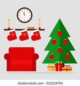 Christmas interior design. Living room interior. Christmas tree, gift and decoration. New year home party. Red furniture and green tree. Flat style vector illustration.