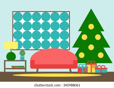 Christmas interior design. Modern living room interior with christmas tree, presents, sofa. Contemporary furniture. Flat style vector illustration. 