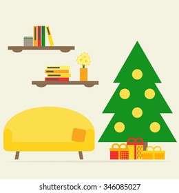 Christmas interior design on background. Living room interior with christmas tree, presents, sofa. Modern furniture. Flat style vector illustration. 
