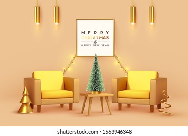 Christmas interior design with realistic 3d render objects, beige and gold colors. Vector illustration