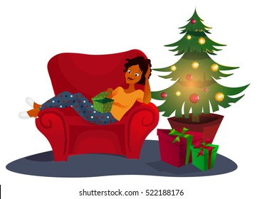 Christmas interior with an elegant red sofa. Comfort home.  tree with presents