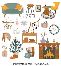 Elementos interiores de Navidad conjunto de iconos planos. Decoración de casas de vacaciones de invierno. Muebles acogedores. Chimenea con calcetines, sofá, jarrón, vela, silla y mesa. Ilustraciones aisladas de color