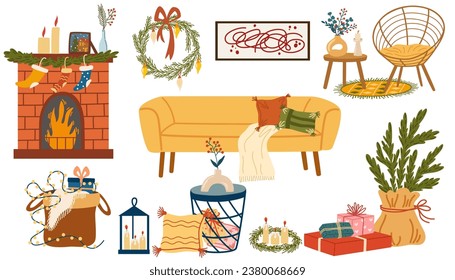 Christmas interior elements set. Fireplace with socks, couch, vase, candle, chair and table. Winter holiday house decorations. Cozy home furniture. Vector hand draw illustration isolated