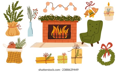 Christmas interior elements set. Fireplace, couch, vase, candle, chair, garland, gift basket, christmas wreath. Winter holiday house decoration. Cozy home furniture. Vector hand draw illustration 