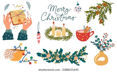 Christmas interior elements set. Gifts, basket with garland, svase, candle, chair and table. Winter holiday house decorations. Cozy home furniture. Vector hand draw illustration isolated