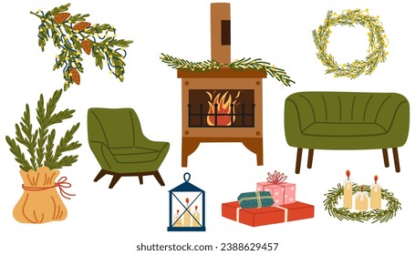 Conjunto de elementos interiores de Navidad. С, jarrón, vela, silla y mesa. Decoración de casas de vacaciones de invierno. Muebles acogedores. Ilustración de dibujo manual de vectores aislada