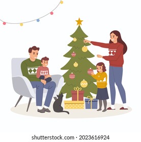 Christmas interior. Family near christmas tree and decorating. Vector flat style cartoon illustration