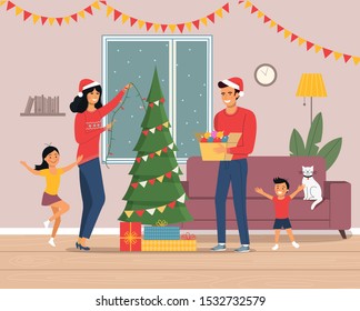Christmas interior. Family standing near christmas tree and decorating. Vector flat illustration