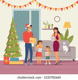 Christmas interior. Family standing near christmas tree with gifts boxes. Vector flat illustration