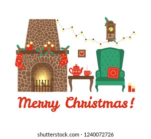 Christmas interior with festive decorations. Fireplace, fireplace armchair, candles, holly twigs, festoon. Vector illustration in flat style.