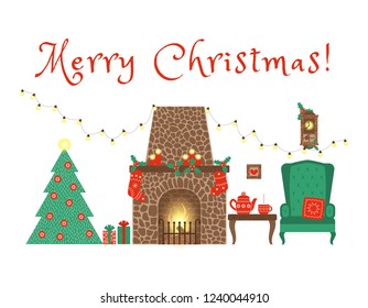 Christmas interior with festive decorations. Fireplace,Christmas tree, fireplace armchair, candles, holly twigs, festoon. Vector illustration in flat style.