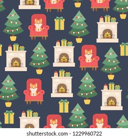 Christmas interior with fire place, Christmas tree and welsh corgi puppy sitting on a chair. Vector seamless pattern or wallpaper.
