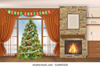 Christmas Interior With Fireplace And Fir Tree. Winter Landscape Outside The Window On The Street, In The Fireplace Burning Firewood. Interior Of Chalet Or Mountain Lodge.