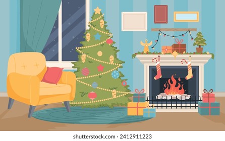 Christmas interior with fireplace. Home hearth. Festive garlands. Gift socks. Present boxes. Cozy room. Decorated house. Xmas tree with toys. Comfortable armchair. Recent