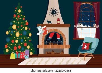 Weihnachtsinnere mit Kamin, Weihnachtsbaum, Geschenke, Fenster mit Winterlandschaft. Vektorgrafik.