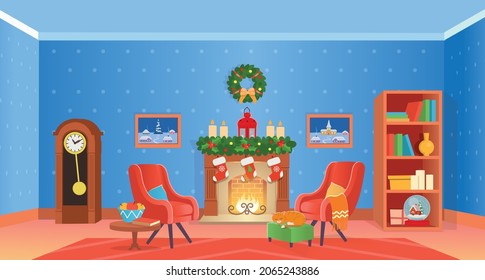 Christmas interior with fireplace, Christmas tree,  armchairs, bookshelf, desk. Сartoon vector illustration.