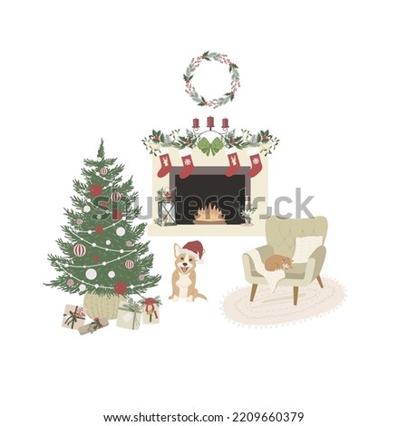 Christmas Interior. Fireplace, Christmas Tree, Dog and Armchair.
