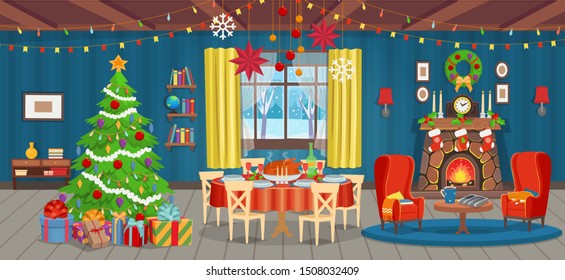 Christmas Interior With Fireplace, Christmas Tree, Window, Armchairs, Bookshelf, Desk And Holiday Table With Food. Сartoon Vector Illustration.