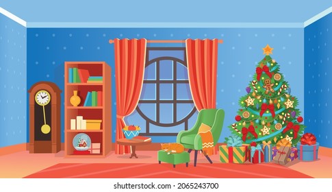 Christliches Interieur mit Kamin, Weihnachtsbaum, Fenster, Sessel, Bücherregal, Schreibtisch, Pendeluhr. С Vektorgrafik.