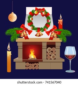 Christmas interior with fireplace. Vector illustration