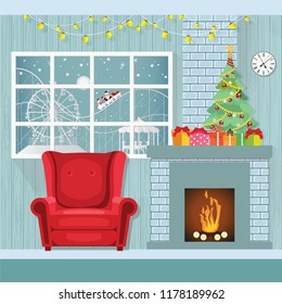 Christmas interior in flat style,decorate room with a fireplace, Christmas tree and gifts, decorated for Christmas and new year vector illustration.