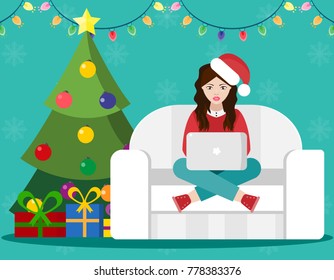 Christmas interior. Girl sitting on the sofa. Decorated Christmas tree with presents. Christmas lights and ornaments. Vector Illustrations.