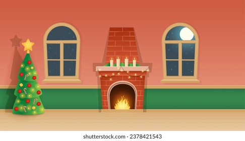 Christmas interior - home with fireplace, Christmas tree and windows - vector illustration
