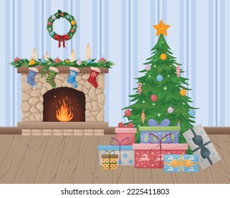 Christmas interior. Christmas illustration depicting a festive interior. A room with a fireplace with a fire, a Christmas tree and gifts. Vector illustration.