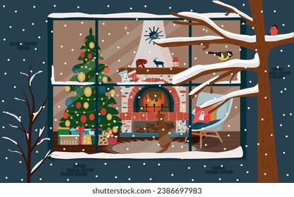 Interior navideño en la sala de estar detrás de la ventana de invierno. Chimenea, regalos, árbol de Navidad. Ilustración vectorial.