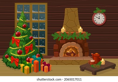 Christmas interior. Living room with fireplace, christmas tree and festive items. Burning fire in the fireplace. Cartoon style. Vector illustration.