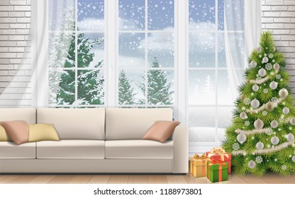 Christmas interior of living room. Sofa on white brick wall background. Decorated Christmas tree and gift boxes. Winter landscape outside the window.