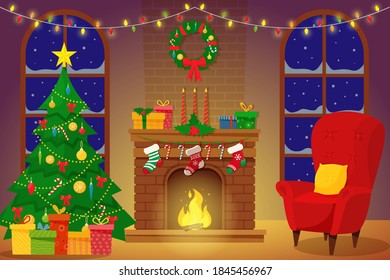 Christmas interior of the living room with a Christmas tree, gifts and a fireplace. Vector illustration in a flat style