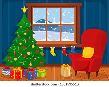 Christmas interior of the living room with a Christmas tree, gifts and a fireplace and single soft armchair with pillow. Vector illustration in a flat style