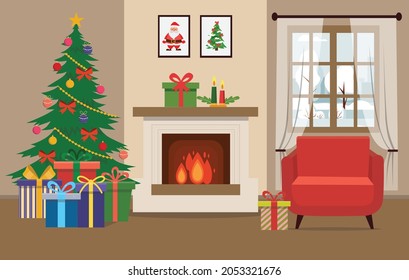 Christmas interior of the living room with a Christmas tree, gifts and a fireplace. Vector illustration in a flat style