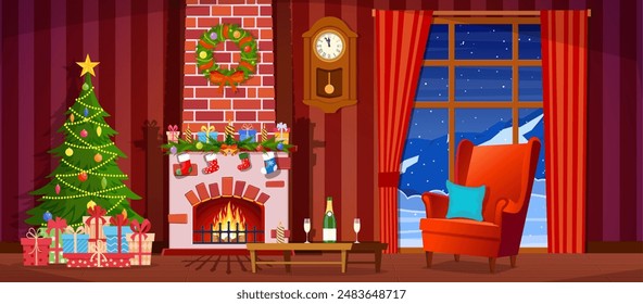 Christmas interior of the living room with a Christmas tree, gifts and a fireplace. Vector illustration