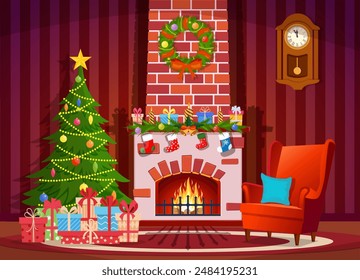 Christmas interior of the living room with a Christmas tree, gifts and a fireplace. Vector illustration