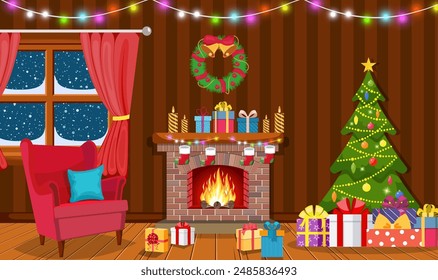 Christmas interior of the living room with a Christmas tree, gifts and a fireplace. Vector illustration in a flat style