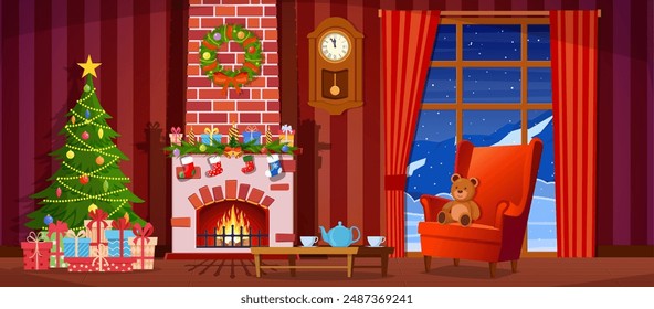 Christmas interior of the living room with a Christmas tree, gifts and a fireplace. Vector illustration