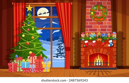 Navidades interior del salón con un árbol de Navidad, regalos y una chimenea. Ilustración vectorial