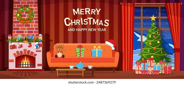 Christmas interior of the living room with a Christmas tree, gifts and a fireplace. Happy New Year Decoration. Merry Christmas Holiday. Vector illustration