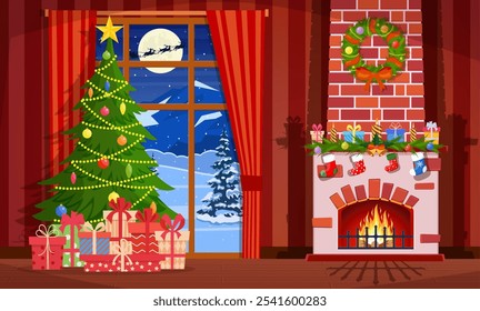 Christmas interior of the living room with a Christmas tree, gifts and a fireplace. Vector illustration