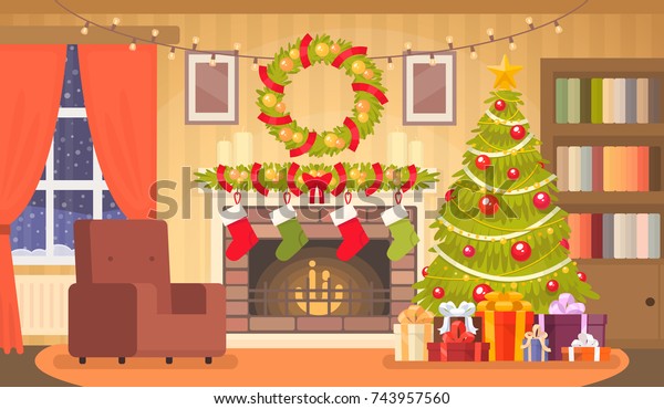 クリスマスツリーと贈り物 暖炉の付いたリビングルームのクリスマスインテリア フラットスタイルのベクターイラスト のベクター画像素材 ロイヤリティフリー
