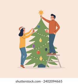 Christmas interior. Man and woman standing near Christmas tree and decorating. Vector flat style cartoon illustration