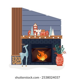 Navidades interiores con chimenea moderna revestida con ladrillo negro, Elementos de diseño de moda decorados. Hogar hoguera de invierno ardiente fuego cálido acogedor hogar irradia alegría de vacaciones. Ilustración vectorial