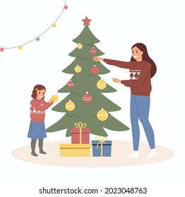 Christmas interior. Mother and daughter standing near christmas tree and decorating. Vector flat style cartoon illustration