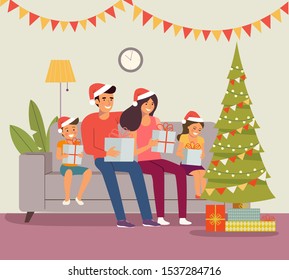 Christmas interior. Mother and father with children sitting on sofa with boxes gifrs near christmas tree. Vector flat illustration