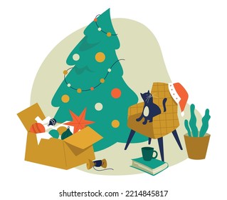 Christmas interior. Preparing for the New Year holidays. Decorated Christmas tree, a box with Christmas decorations, a cat on a chair. Vector image.
