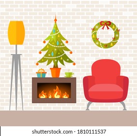 Christmas interior. A room with a Christmas tree, fireplace and gifts. Vector illustration in flat style. Room decorated for Christmas and New Year. Template for a postcard, poster or advertisement.