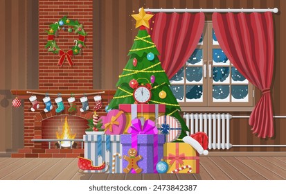 Christmas interior of room with tree, window, gifts and decorated fireplace. Happy new year decoration. Merry christmas holiday. New year and xmas celebration. Vector illustration flat style