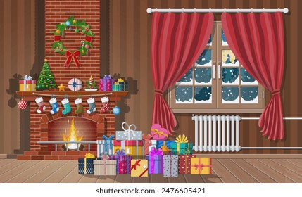 Christmas interior of room with window, gifts and decorated fireplace. Happy new year decoration. Merry christmas holiday. New year and xmas celebration. Vector illustration flat style